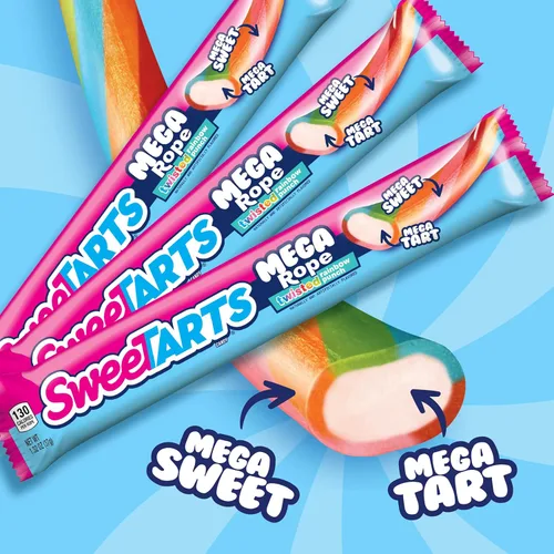 Miniatura 3 de SweeTARTS Mega Filled Ropes Candy, Twisted Rainbow Punch, Dulce y Ácido, 1.32 oz (Paquete de 24)