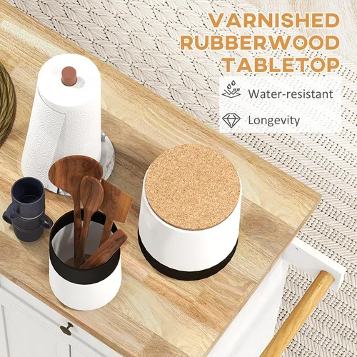 Miniatura 4 de HOMCOM Carrito de Isla de Cocina con Superficie de Madera de Caucho, Mesa de Isla de Cocina Rodante sobre Ruedas con Cajones, Estantes Ajustables