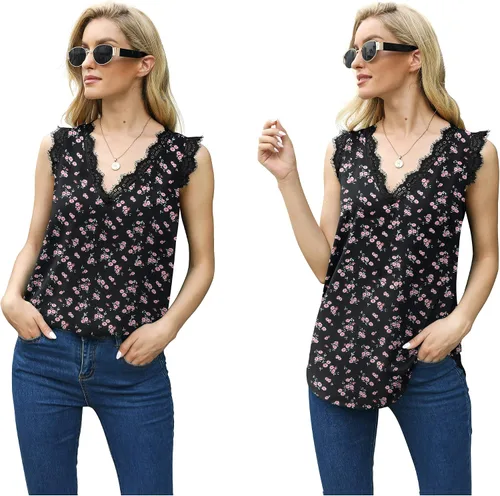 Miniatura 126 de VIISHOW - Camiseta sin mangas, sexy, con cuello en V y bordes de encaje para mujer, camisola de vestir, camisas de gasa, sin mangas, casuales