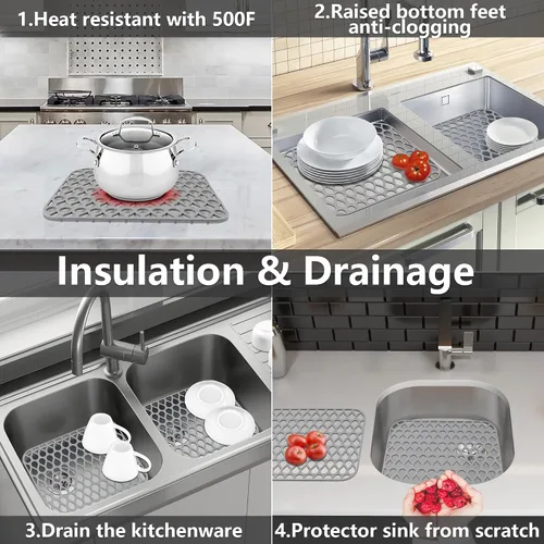 Miniatura 6 de Protectores de fregadero para fregadero de cocina, 2 alfombrillas de cocina de silicona de 13.58 x 11.6 pulgadas, protector inferior antideslizante