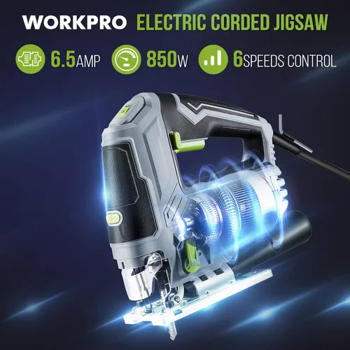 Miniatura 3 de WORKPRO Sierra de Calar, 6.5AMP 850W Kit de herramientas de sierra de calar eléctrica con cable con 6 velocidades variables, 7 cuchillas, corte
