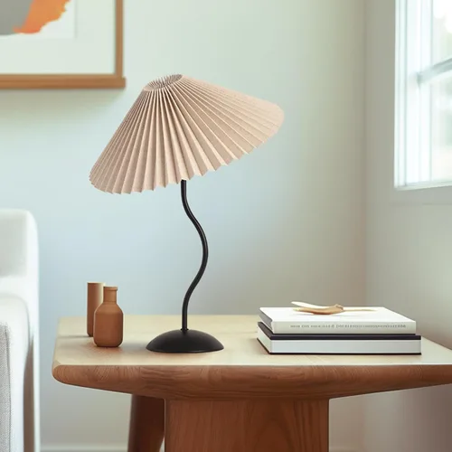 Miniatura 5 de KUNJOULAM Pequeña Lámpara de Mesa Plisada, Lámpara de Mesita de Noche con Pantalla Beige y Base Negra, Lámpara Mini Moderna para Decoración de Negro