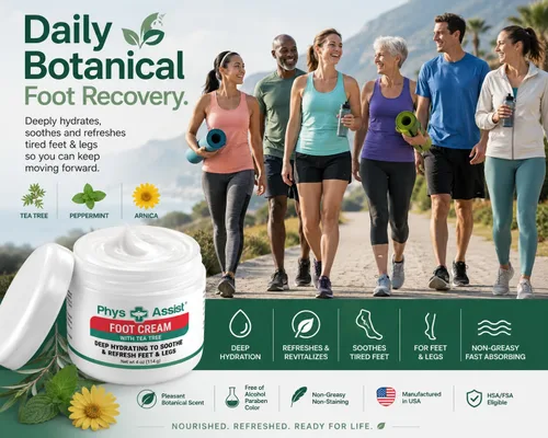 Miniatura 6 de PhysAssist Crema para pies con árbol de té – Crema hidratante profunda para pies y piernas para piel seca, cansada y sensible – Refrescante apoyo