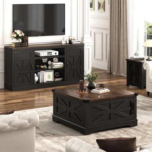 Miniatura 8 de Hlivelood Mueble de TV Estilo Granja de 66" con Tomas de Corriente para TVs de 75 Pulgadas, Centro de Entretenimiento de 33" de Alto con Gabinetes