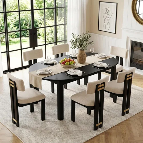 Miniatura 11 de HNY Juego de 4 sillas de comedor modernas de lino, tapizadas de tela beige, con marco de madera natural y respaldo curvado, sillas de madera sin