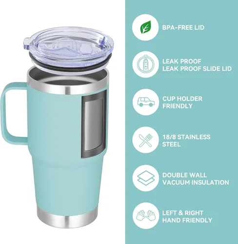 Miniatura 2 de VEGOND - Vaso de viaje de 20 oz con asa, tapa con cierre y popote, de acero inoxidable, aislante, taza de café, a prueba de derrames, de doble Verde