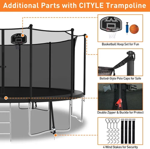 Miniatura 5 de Trampolín de 1500 libras de 8, 10, 12, 14, 15, 16 pies para adultos/niños con red de seguridad, aro de baloncesto, pelota, estacas y escalera
