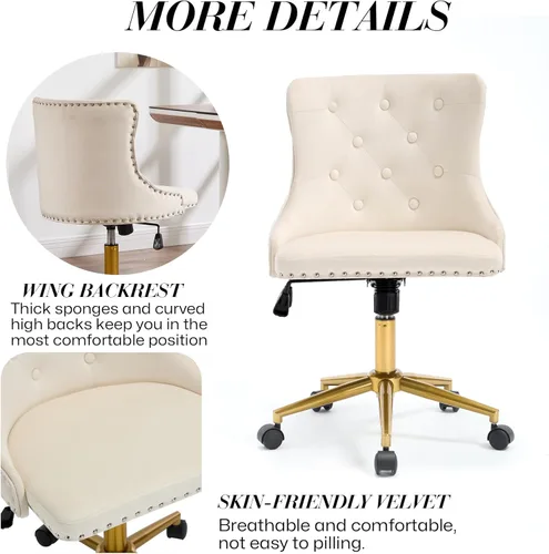 Miniatura 8 de Silla de escritorio de terciopelo sin brazos para oficina en casa, silla giratoria con altura ajustable, pequeña y linda silla de tocador para Beige
