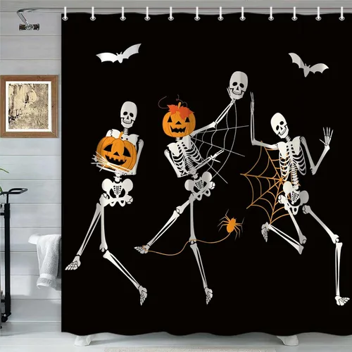 Divertida cortina de ducha de esqueleto de calavera de Halloween, calabaza, murciélago, araña, decoración de baño, juego de cortinas de tela negra