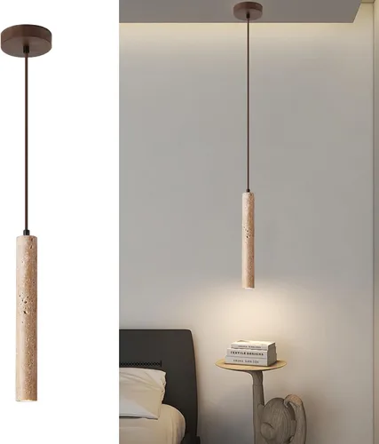 Miniatura 11 de Lámpara colgante japonesa Wabi sabi con pantalla de piedra natural, lámpara colgante de madera moderna regulable, lámpara colgante de altura