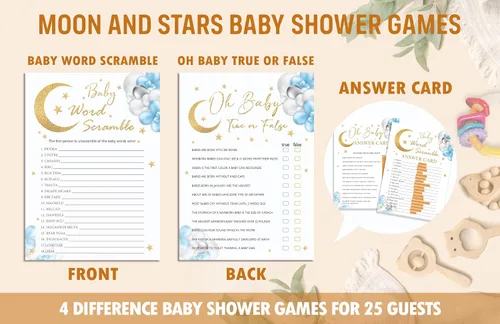 Miniatura 2 de Moon Stars - Juego de juegos para baby shower, 4 juegos incluye Word Scramble, Oh Baby, predicciones y consejos, bingo, 50 tarjetas de doble cara