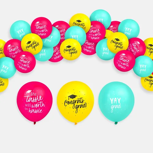 Miniatura 8 de KatchOn, Juego de globos de graduación azules, amarillos y rosados, 12 pulgadas, paquete de 75 Globos de graduación de felicitaciones, globo Yay