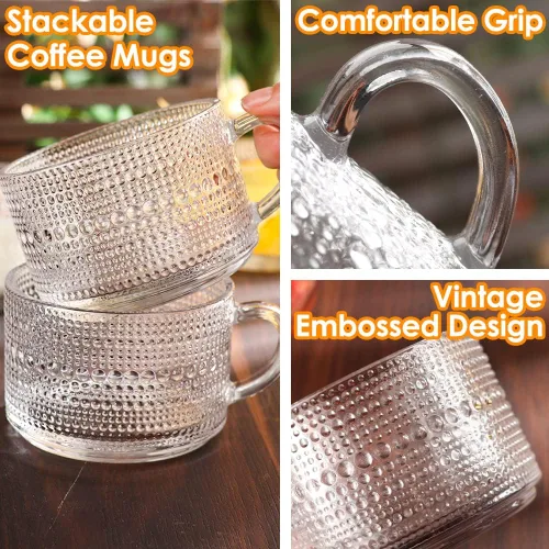 Miniatura 5 de Juego de Tazas de Café de Vidrio Clásico de 4, Tazas de Café de Vidrio Grabadas de 14 Onzas, Tazas de Café Apilables para Cereal, Yogur, Café