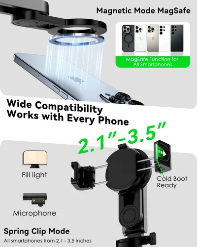 Miniatura 7 de CloudValley Palo magnético para selfie y mini trípode, estabilizador de mano extensible de rotación de 360°, agarre de cámara con control remoto