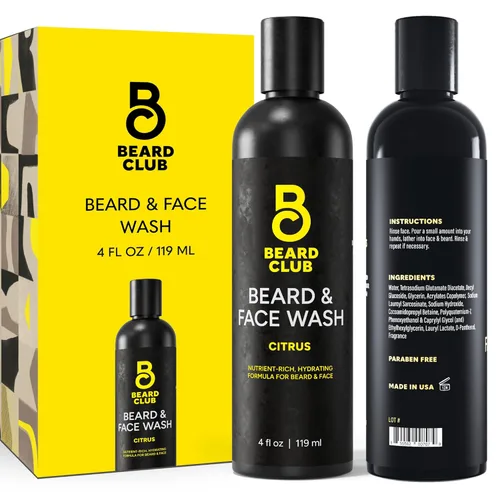 The Beard Club Citrus Beard & Face Wash: limpiador todo en uno, suaviza y nutre el cabello facial, hidrata y limpia la piel, sin parabenos ni