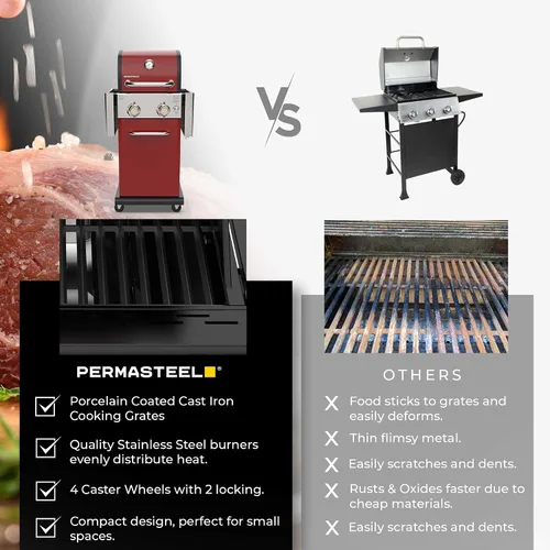 Miniatura 9 de Permasteel Parrilla de gas propano de 2 quemadores, parrilla de barbacoa con mesas laterales plegables y ganchos para herramientas, perfecta