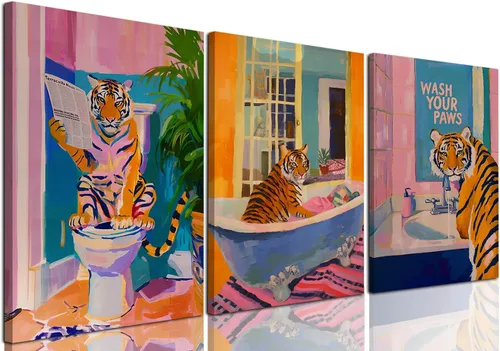 Miniatura 12 de Conjunto de 3 divertidos cuadros de animales para baño, lindas pinturas de jirafa leyendo el periódico, arte en lienzo de batas botánicas eclécticas