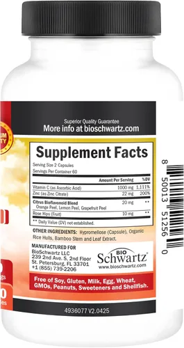 Miniatura 8 de Vitamina C - cápsulas de 1000 mg con zinc, escaramujo y bioflavonoides - Suplemento de apoyo inmune con 10 veces el poder de la vitamina C - Acorta