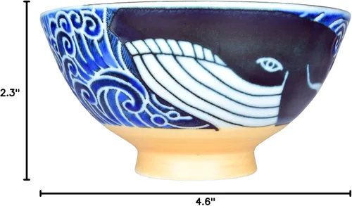 Miniatura 8 de Mino Ware - Tazón de arroz japonés, sopa de fideos de ramen de arroz, pasta Sarada, Chawn de ballena ondulada, 4.6 pulgadas, 10 onzas, juego de 2