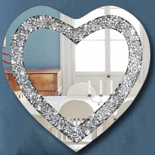 DMDFIRST Espejo plateado en forma de corazón de cristal estrellado con diamante para decoración de pared 20x20x1 pulgadas; espejo sin marco para