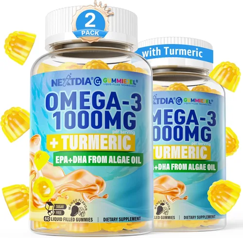 Gomitas omega-3 + cúrcuma, alternativa de aceite de pescado Omega 3 para adultos, algas DHA de 600 mg y EPA 300 mg, vitaminas A, C, E, zinc y MSM,