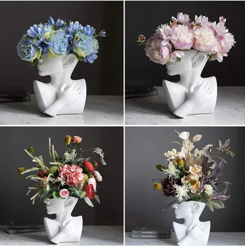 Miniatura 7 de Estatua de cerámica, florero con cara, macetas de busto con forma de cabeza para regalos de cumpleaños, decoración del hogar y la oficina (dorada)