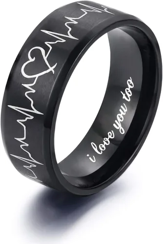 Miniatura 2 de Lavumo - Anillos de acero inoxidable a juego para promesa de boda de parejas, diseño con grabado de latidos del corazón y leyenda "I love you