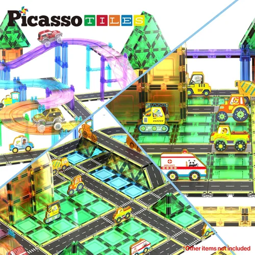 Miniatura 6 de PicassoTiles Azulejos Magnéticos de Construcción Pista de Autos Vehículo Magnético Tema de Aventura Calle Impresa Carretera Pista Autopista Bloque
