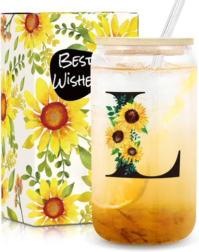 Miniatura 8 de Frerdui Regalos de cumpleaños para mujeres, vasos de vidrio con inicial con tapas y pajitas, regalo de girasol para mujeres, regalo personalizado