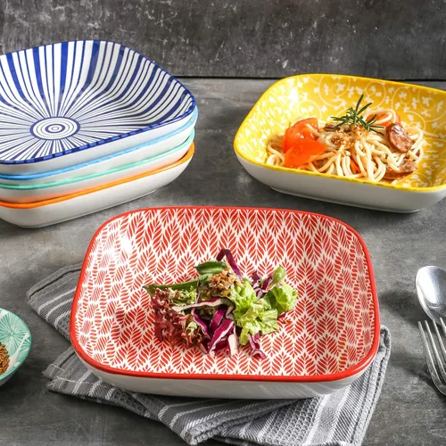 Miniatura 3 de Selamica Platos de cena cuadrados de porcelana de 8 pulgadas, cuencos para ensalada y pasta, juego de 6, colores surtidos