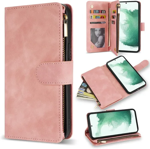Miniatura 15 de ZZXX Funda para Samsung Galaxy S22 Plus con ranura para tarjeta, piel sintética suave de alta calidad, con cremallera, con correa para la muñeca