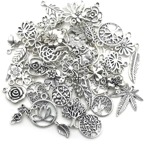 Miniatura 5 de Youdiyla Colección de 100 dijes de flores de árbol de plata, mini dijes pequeños de metal, suministros para manualidades para collar y pulsera