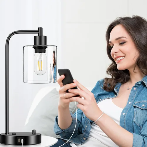Miniatura 9 de Lámpara de mesa industrial con puertos USB A+C y toma de corriente, lámpara de mesita de noche moderna totalmente regulable, lámpara de escritorio
