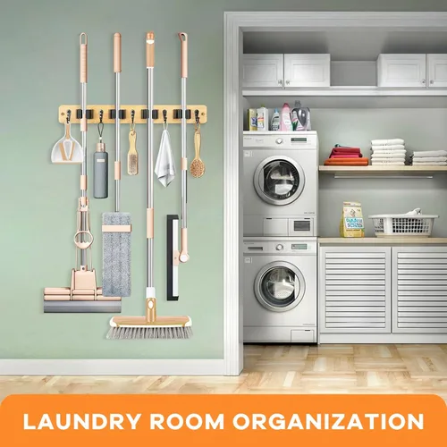 Miniatura 4 de IMILLET - Soporte de pared para fregona y escoba, colgador de bambú con 4 estantes y 5 ganchos, decoración para la lavandería, organizador