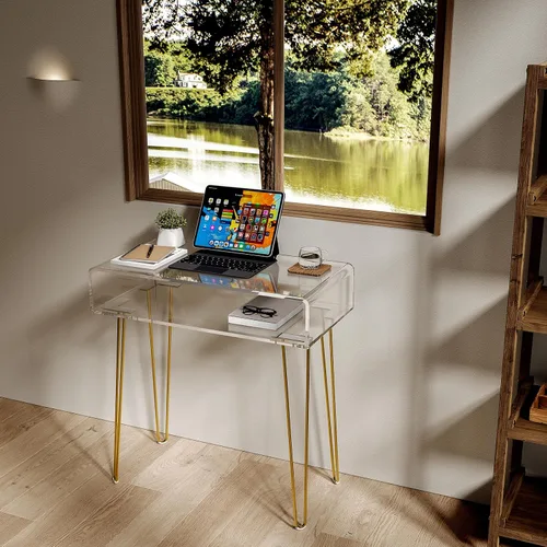 Miniatura 6 de Eglaf - Escritorio de acrílico para tocador, pequeña mesa de maquillaje con patas de metal dorado Clear Dressing Table for Bedroom, Dressing Room