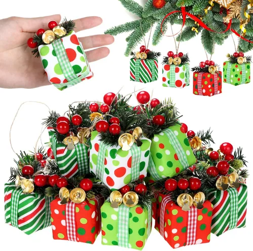 Miniatura 8 de Panelee 12 Piezas Cajas de Regalo de Árbol de Navidad Adornos Mini Adornos Rojos y Verdes Paquetes Envueltos de Navidad con Campana Bayas Rojas