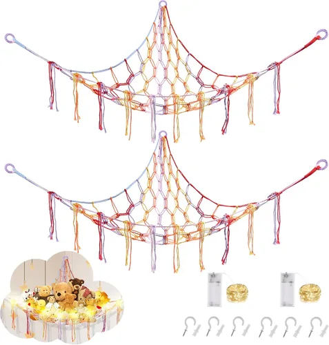 Miniatura 9 de CERETIA Hamaca de animales de peluche con luz LED, red grande de almacenamiento en esquina de animales de peluche para decoración de habitación