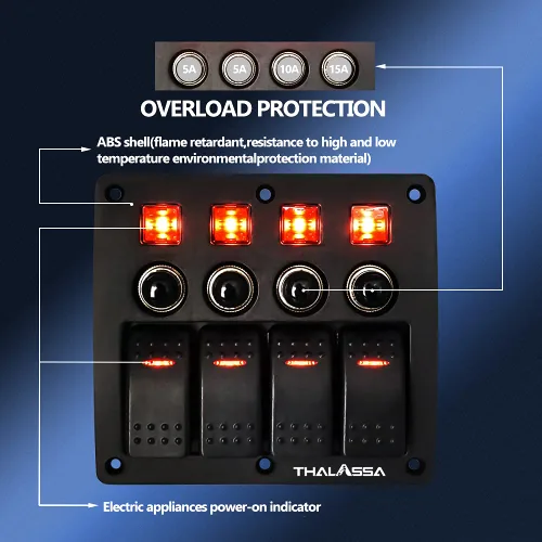 Miniatura 5 de Panel de interruptor basculante precableado de 4 bandas, impermeable, 12 V 24 V con fusible, interruptor de circuito con indicador LED rojo de 3