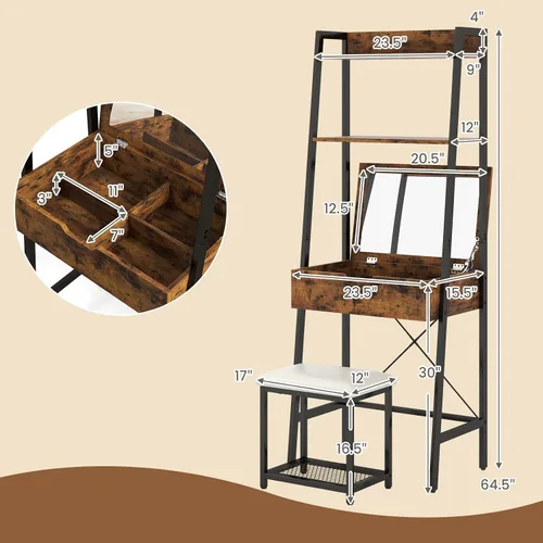 Miniatura 5 de CHARMAID Juego de escritorio de tocador de escalera – Mesa de tocador de maquillaje con espejo abatible, taburete acolchado, 4 compartimentos