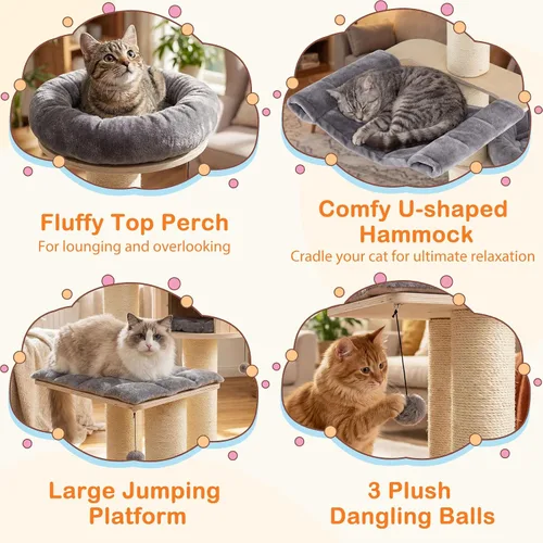 Miniatura 5 de Tangkula Árbol moderno para gatos, torre grande de varios niveles con condominio, hamacas y cesta colgante, árbol alto para gatos con postes