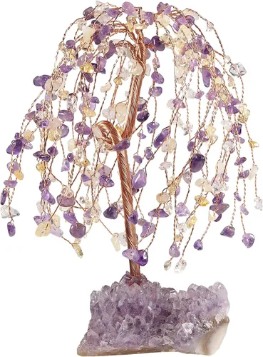 Miniatura 11 de Nupuyai Árbol de la riqueza de piedra de cristal de alambre de cobre con base de racimo de amatista, hecho a mano, bonsái para la buena suerte, Feng