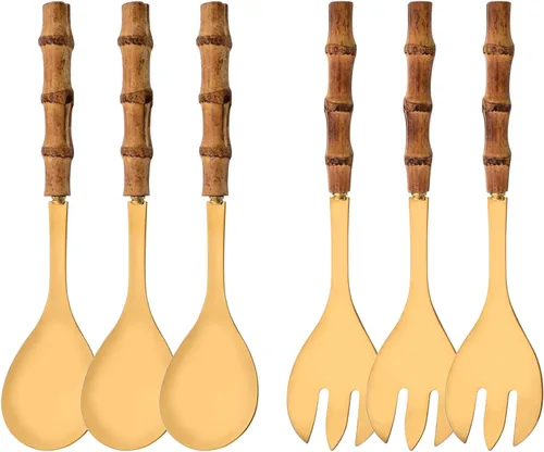 Juego de 6 cucharas y tenedores para servir de 10.0 pulgadas, incluye 3 cucharas grandes y 3 tenedores grandes, utensilios de servir de acero