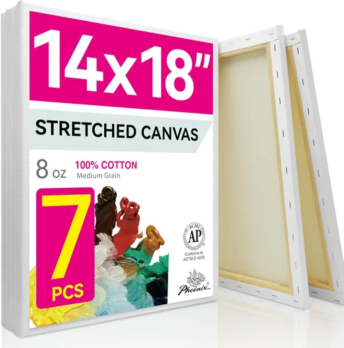 PHOENIX Lienzo Estirado Grande para Pintura 14x18 Pulgadas/Paquete de 7 Unidades, 8 Oz Triple Imprimado Perfil de 5/8 Pulgadas 100% Algodón Lienzo