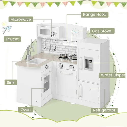 Miniatura 4 de Costzon Juego de cocina esquinera para niños, juego de cocina de madera 8 en 1 con microondas realista, horno, estufa, refrigerador, campana