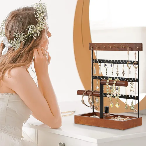 Miniatura 3 de JAZUIHA Organizador de joyas, soporte para collares, aretes, soporte organizador de 3 niveles con 15 ganchos, exhibición de pulsera con base
