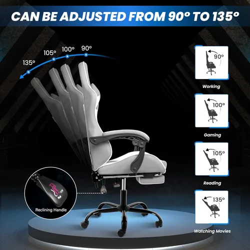 Miniatura 5 de YSSOA Silla para videojuegos, silla de computadora con reposapiés, altura ajustable y función de inclinación de 90° a 135°, silla reclinable