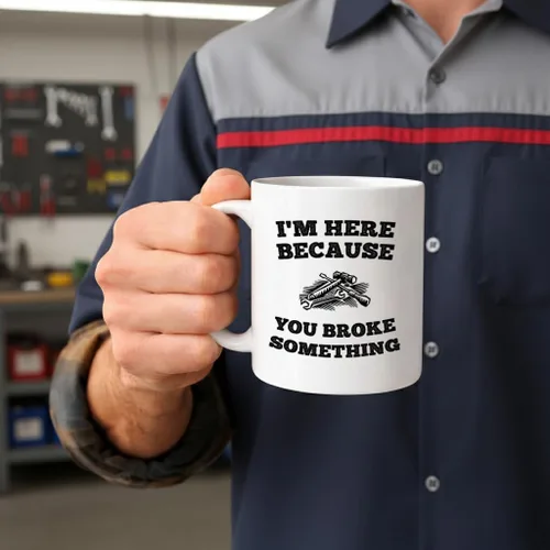 Miniatura 2 de Casitika Taza de café de 11 onzas con texto en inglés "I'm Here Because You Broke Something". Idea de regalo para personal de servicio o mecánico.