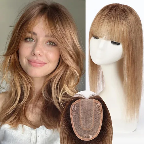 Miniatura 17 de HAIRCUBE Pelucas de cabello humano 100% con flequillo, densidad 150%, base de seda, clip en la parte superior, pelucas de cabello superior