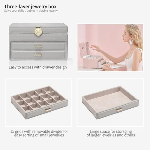 Miniatura 6 de Vlando Joyero para collares anillos aretes caja organizadora de joyas de espejo con cajones cajas grandes de joyería de 3 capas para mujeres y niñas