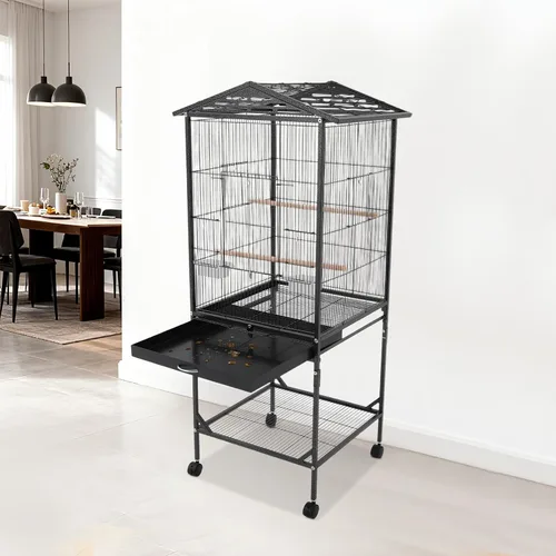 Miniatura 5 de Jaula grande para pájaros, jaulas movibles para pájaros con ruedas, 4 ventanas de alimentación, bandeja deslizante, aviario panorámico para pájaros